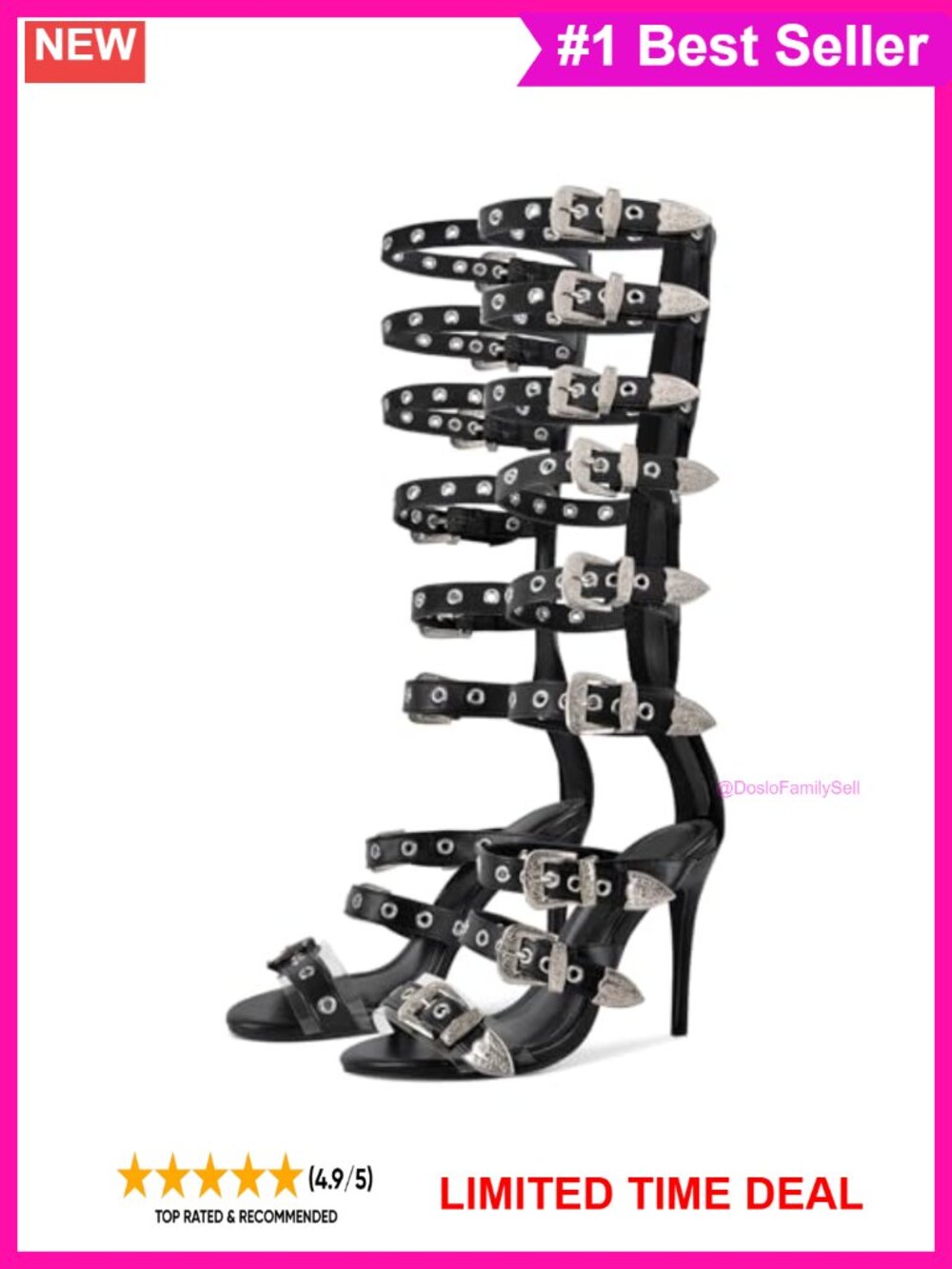 Knee High Gladiator Sandals Buckle Straps Wrap Heels Round Toe Zip